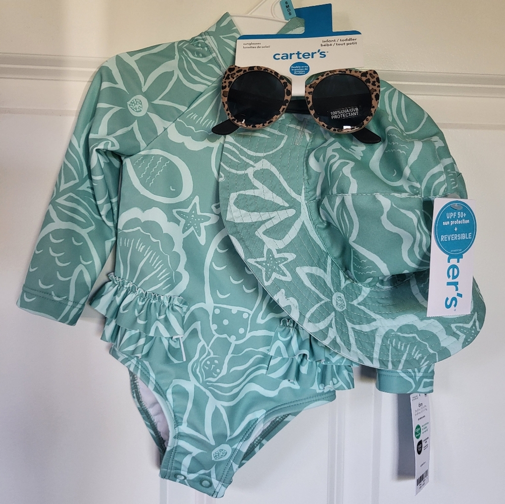 Carter's Ruffle Swimsuit (Girl 6 mo) & Classic Reversible Swim Hat & Sunglasses